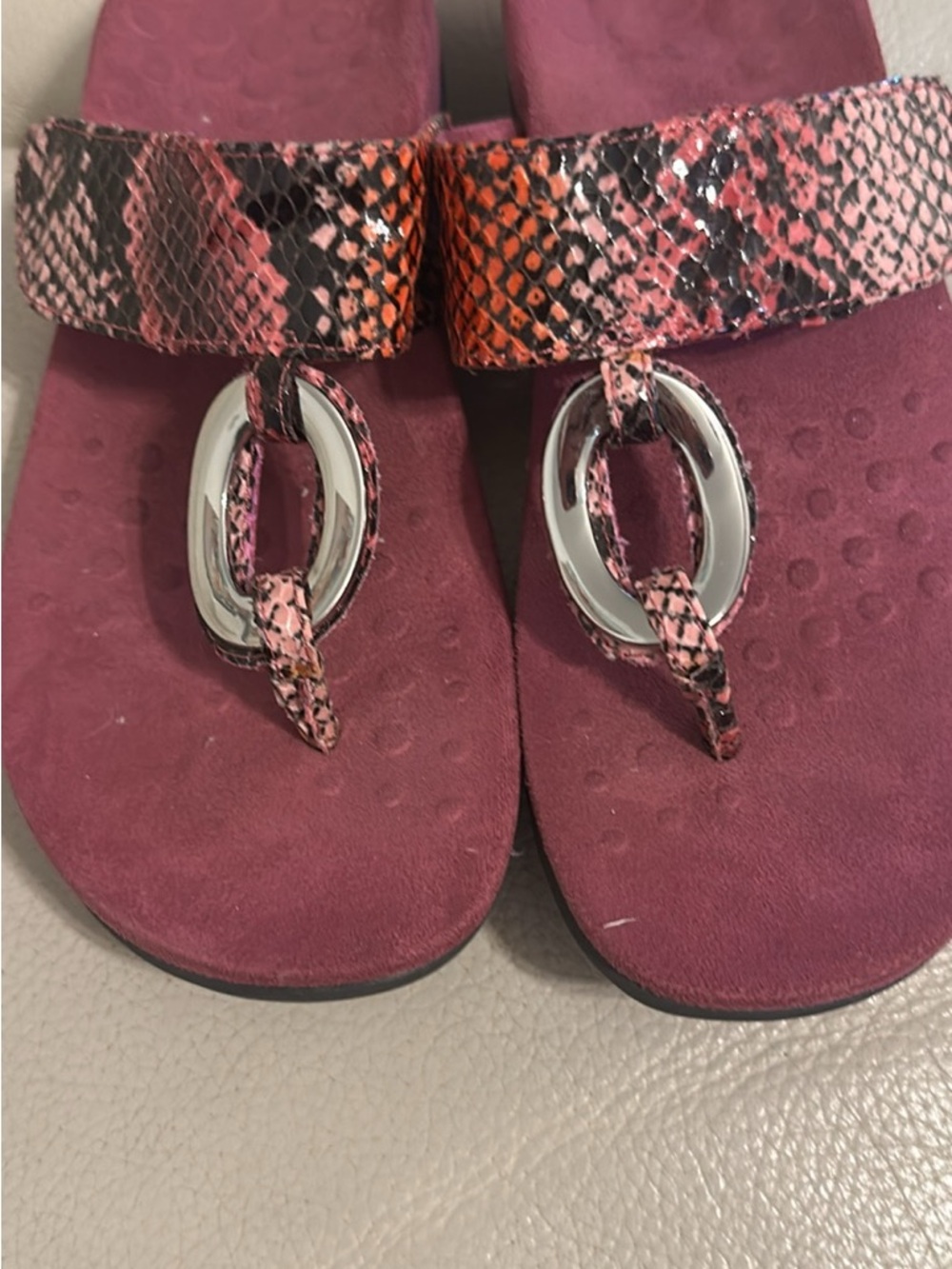 Vionic Pink Snakeskin-Print Thong Sandals with Silver Ring